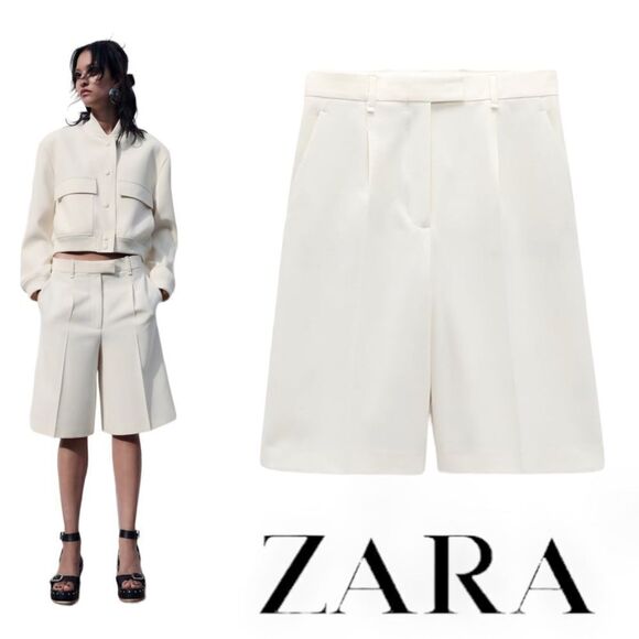 ZARA | Ecru | LONG PLEATED SHORTS - Picture 1 of 11